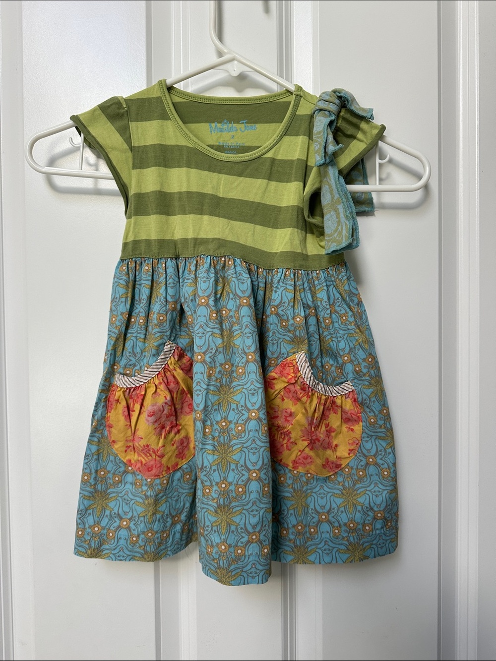 Matilda Jane Green Striped Dress with Blue Floral Skirt and Yellow Patch Pockets